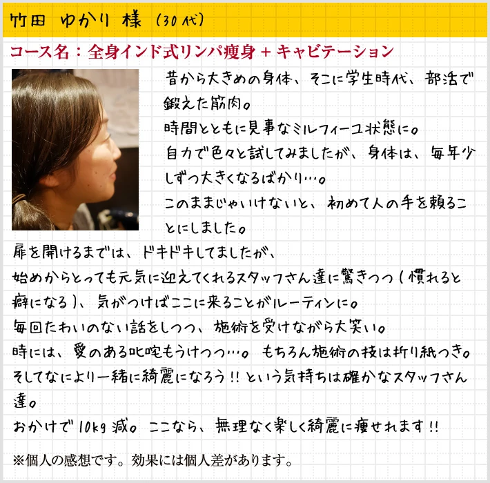 竹田 ゆかり 様（30代）コース名：全身インド式リンパ痩身+キャビテーション